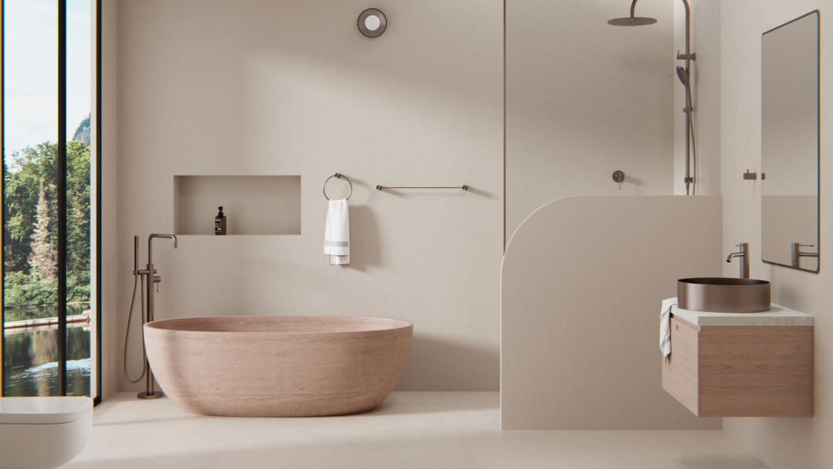 White bathroom with freestanding bath, Nero Opal brushed bronze bath mixer and twin shower