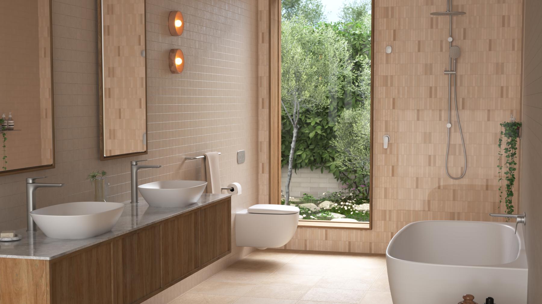 Warm timber bathroom with Caroma Contura II chrome tapware, wall hung toilet and freestanding bath