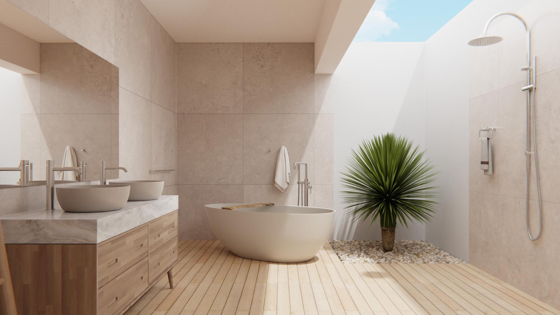 Sunlit bathroom with freestanding bath, timber vanity and Nero Zen brushed nickel tapware