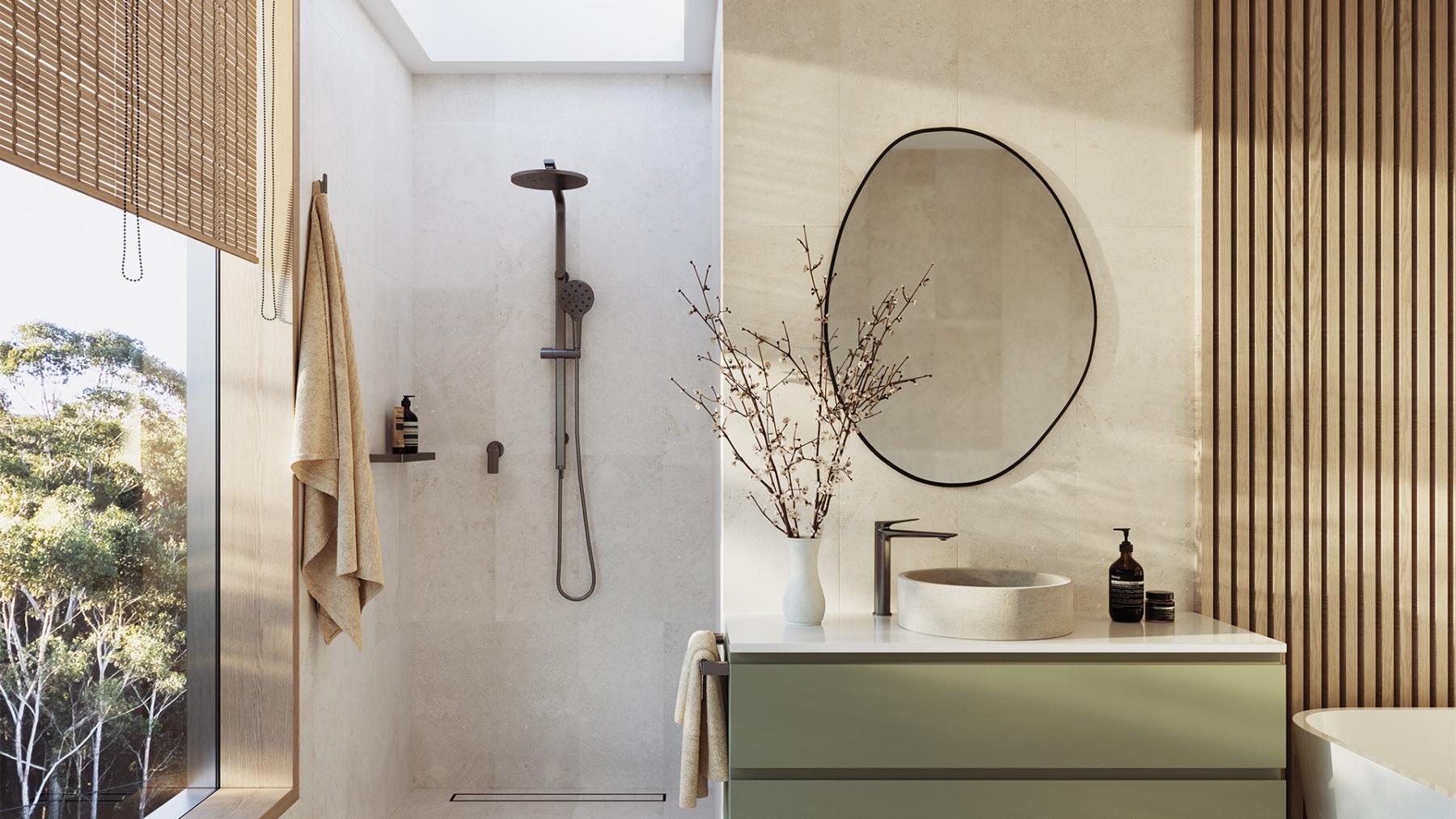 Japandi bathroom with Phoenix Kusabi and Oxley tapware in brushed carbon, sage vanity and timber battens
