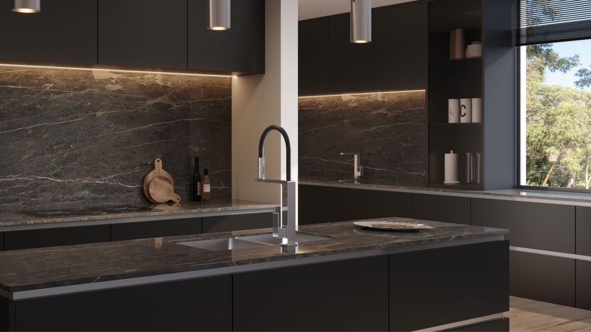 Black kitchen with dark stone splashback and chrome pull-out sink mixer