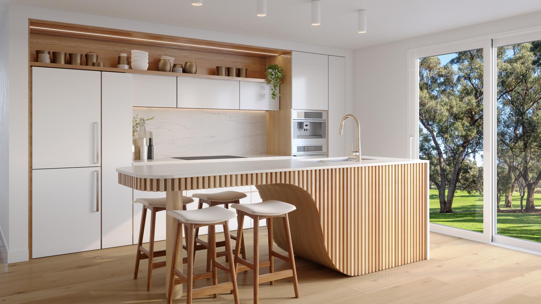 White kitchen with timber slat island bench and garden views