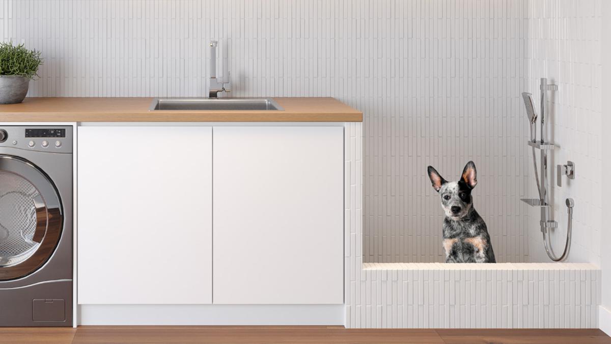 Laundry with purpose built dog wash and Raymor Sigma chrome rail shower