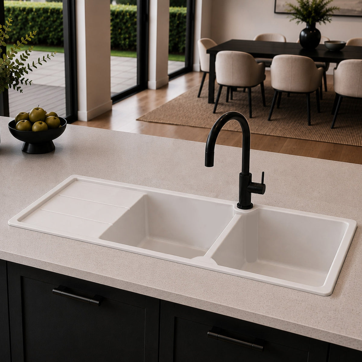 Turner Hastings Cuisine 116 x 50 Double Bowl Sink with Tap Hole - Left Hand Drainer - Matte White