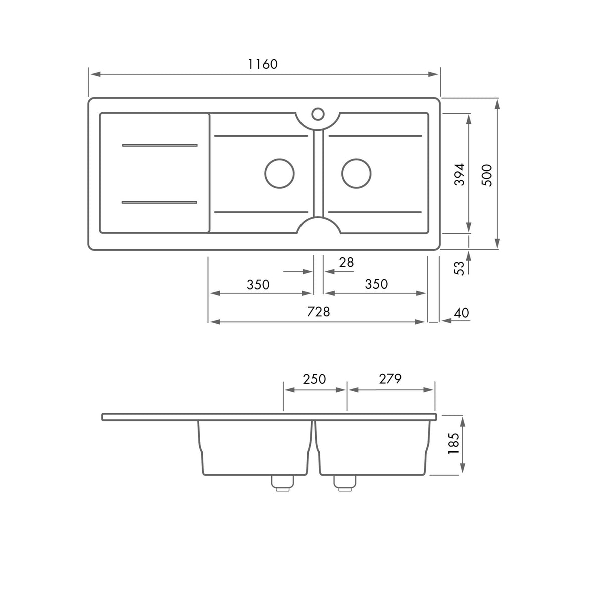 Turner Hastings Cuisine 116 x 50 Double Bowl Sink with Tap Hole - Left Hand Drainer - Matte White