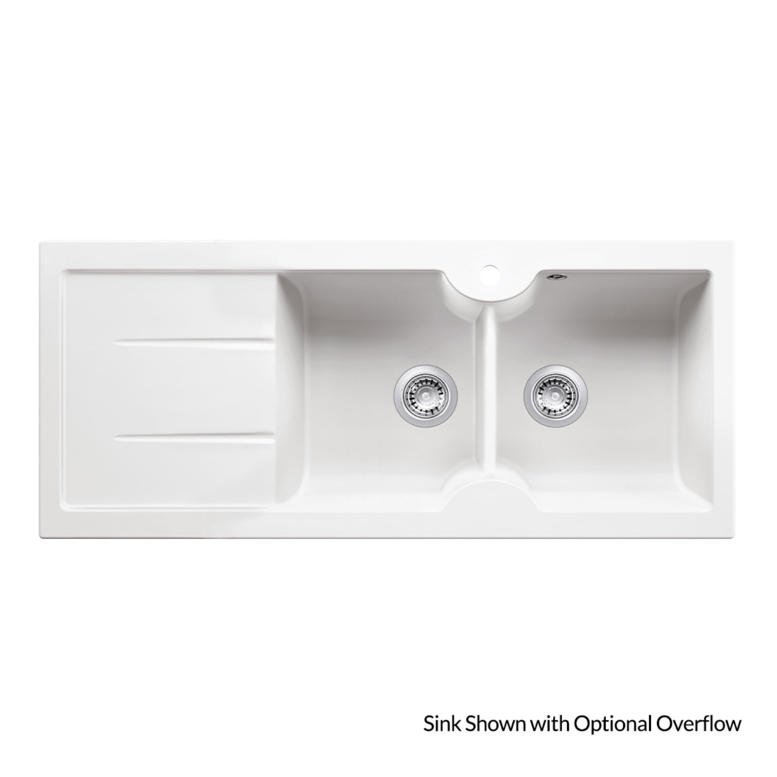 Turner Hastings Cuisine 116 x 50 Double Bowl Sink with Tap Hole - Left Hand Drainer with Overflow - Gloss White