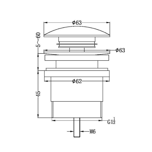 Nero Universal Pop Up Waste aged brass technical drawing with dimensions and G 1½ inch thread