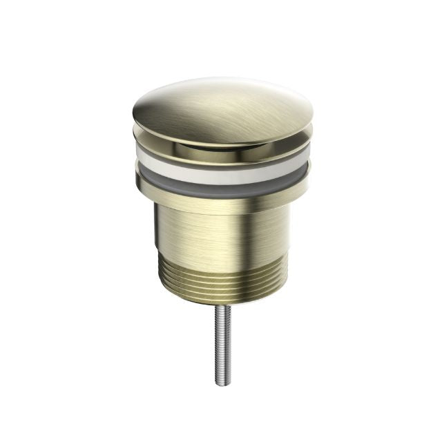 Nero Universal pop up basin waste in aged brass, with brushed round plug and threaded fitting on white background