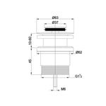Technical drawing of Nero Universal Project pop up basin waste in chrome, showing dimensions and threaded fittings for installation