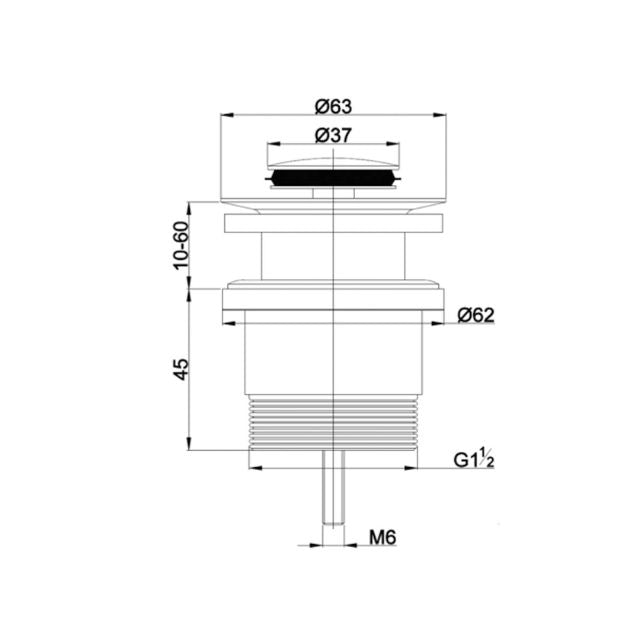 Nero Universal Project pop up waste technical drawing, matte black basin waste with dimensions and G1½ fitting outlined
