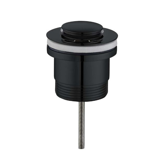 Nero Universal Project pop up basin waste in matte black, front view, with threaded fitting and plug top