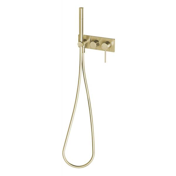 Phoenix Vivid Slimline wall shower system in brushed gold with hand shower, wall mixer and hose on white background