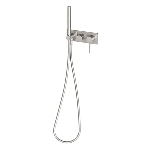 Phoenix Vivid Slimline wall shower system in brushed nickel, with hand shower, wall mixer and hose on rectangular backplate