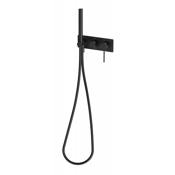 Phoenix Vivid Slimline wall shower system in matte black with round hand shower, hose and mixer wall plate