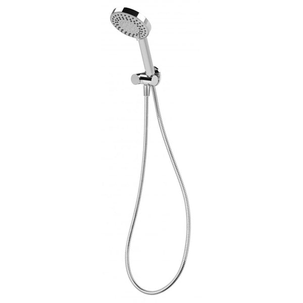 Phoenix Vivid chrome hand shower with round head, hose and adjustable wall bracket on white background