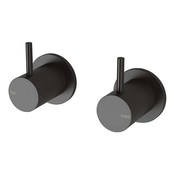 Phoenix Vivid Slimline wall top assemblies in matte black, shown as hot and cold wall-mounted taps with slim pin levers