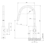 Technical drawing of Phoenix Vivid Slimline pull out sink mixer in Chrome, showing side and front views with dimensions.