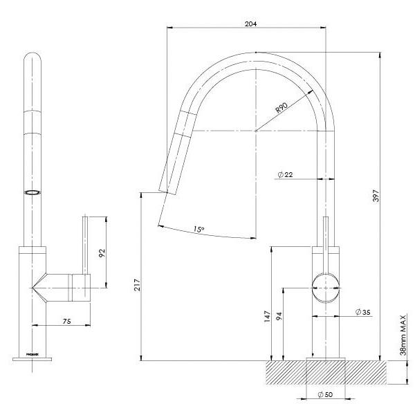 Technical drawing of Phoenix Vivid Slimline pull out sink mixer in Chrome, showing side and front views with dimensions.