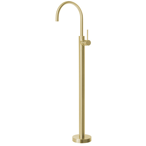 Phoenix Vivid Slimline floor mounted bath mixer in brushed gold, tall freestanding tap on round base with slim lever handle