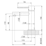 Technical drawing of Phoenix Vivid Slimline basin mixer in brushed gold, with dimensions and side view measurements.