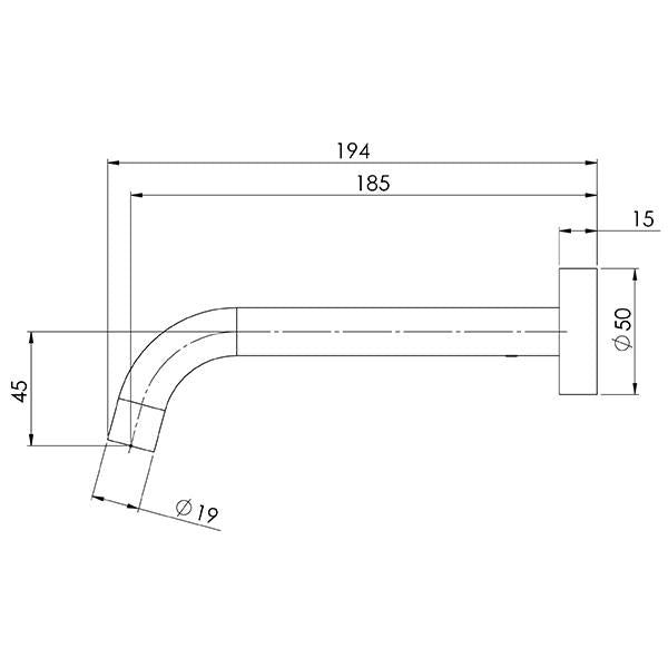 Phoenix Vivid Slimline wall bath outlet technical drawing, curved 180mm spout in brushed gold finish with measurements shown
