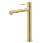 Phoenix Vivid Slimline vessel mixer in brushed gold, tall single lever basin tap on white background