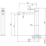 Phoenix Vivid Slimline vessel mixer technical drawing, brushed gold, showing side and front views with dimensions for above-counter basins