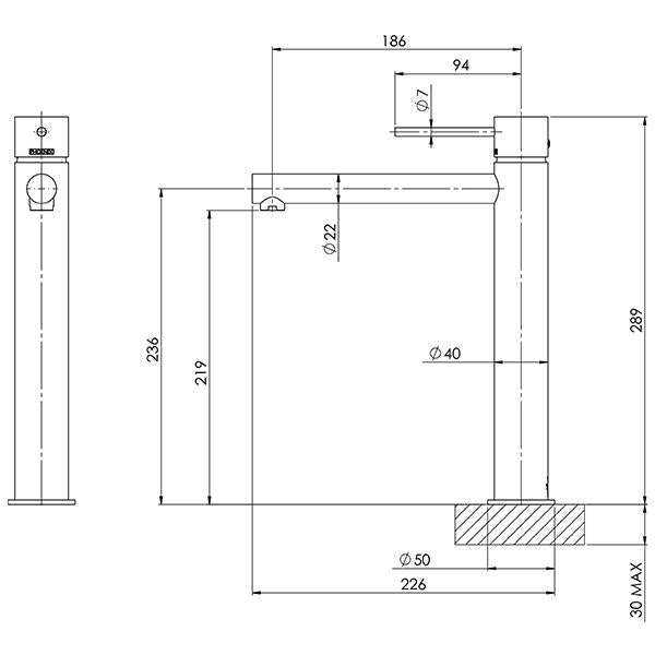 Phoenix Vivid Slimline vessel mixer technical drawing, brushed gold, showing side and front views with dimensions for above-counter basins