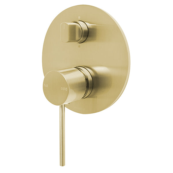 Phoenix Vivid Slimline brushed gold wall-mounted shower/bath diverter mixer with round plate and slim lever handle