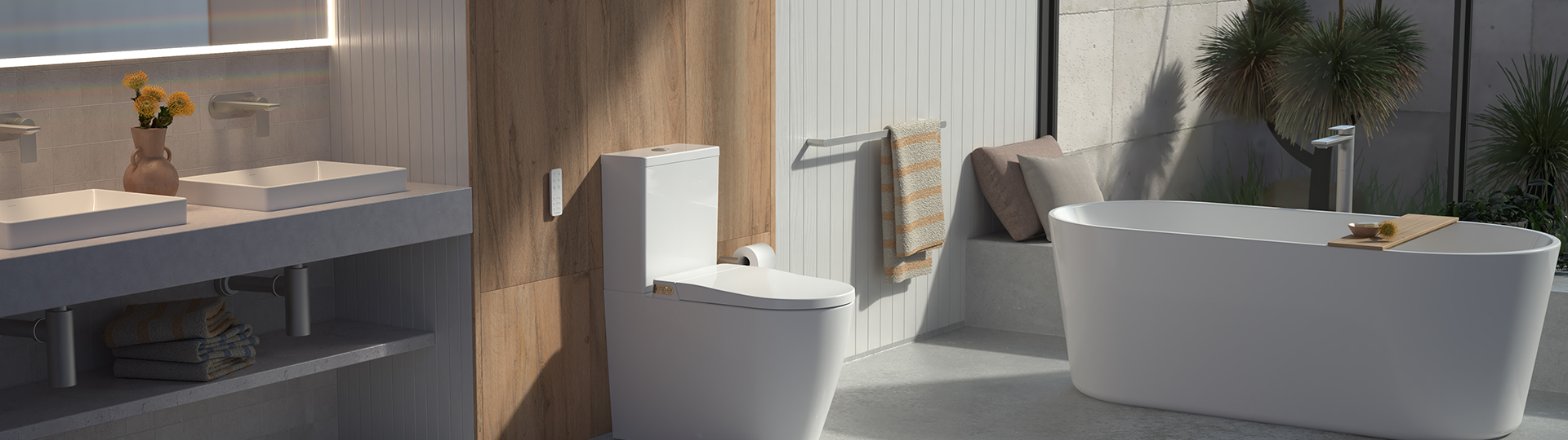 White bathroom with wood accents, inset basins, toilet and free standing bath
