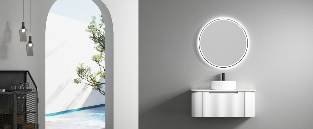 Grey bathroom with white vanity and round smart mirror with light
