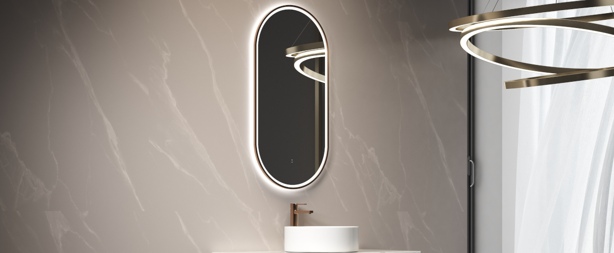 Grey marble background with white vanity and oval smart mirror