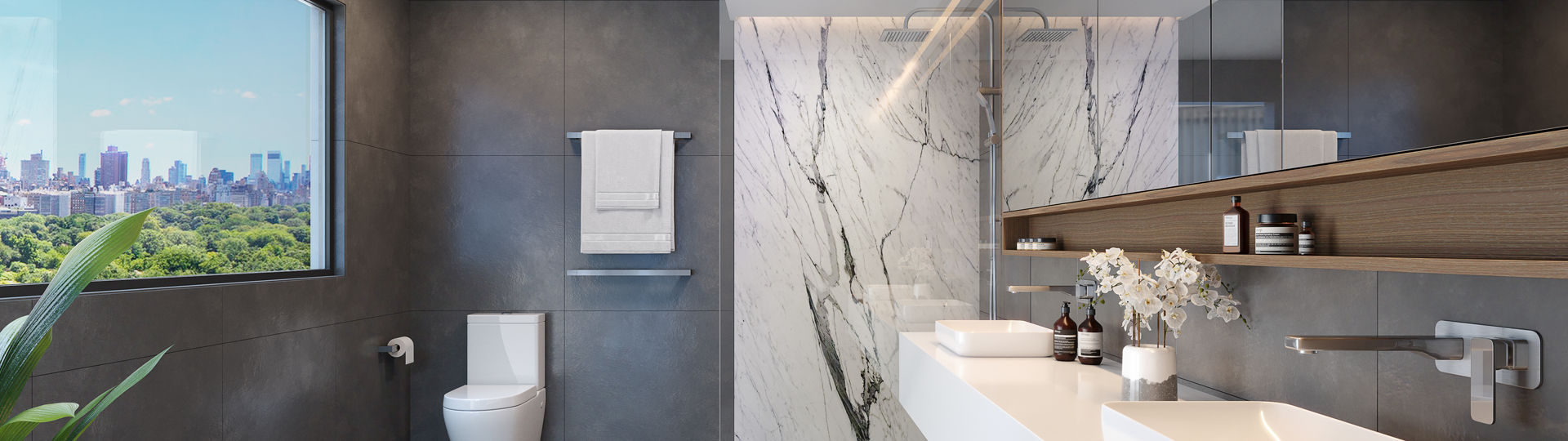 White and grey bathroom with marble accents and chrome tapware