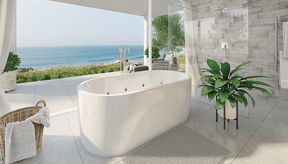 Freestanding Spa Bath with chrome floor mounted bath filler and an ocean view and shower in the background
