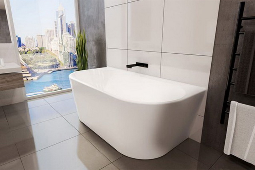 White back to wall bath with black wall mounted mixer and city view background