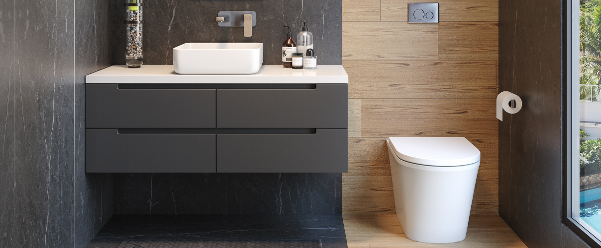 Dark grey bathroom with wood accents and white basin and toilet featuring chrome tapware