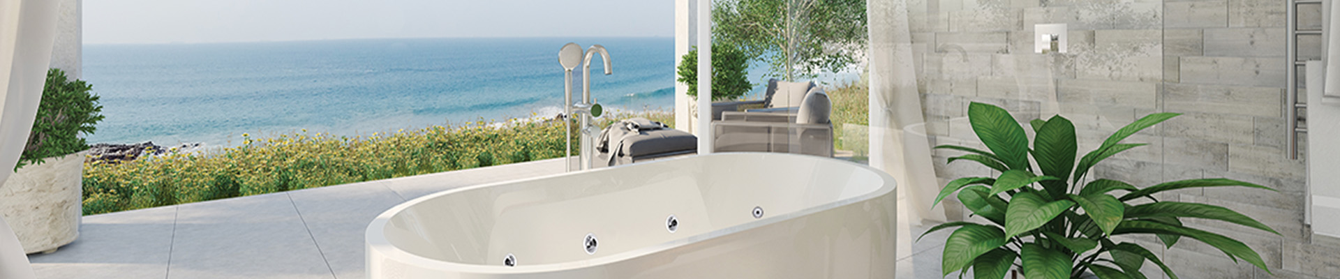 Freestanding Spa Bath with chrome floor mounted bath filler and an ocean view and shower in the background