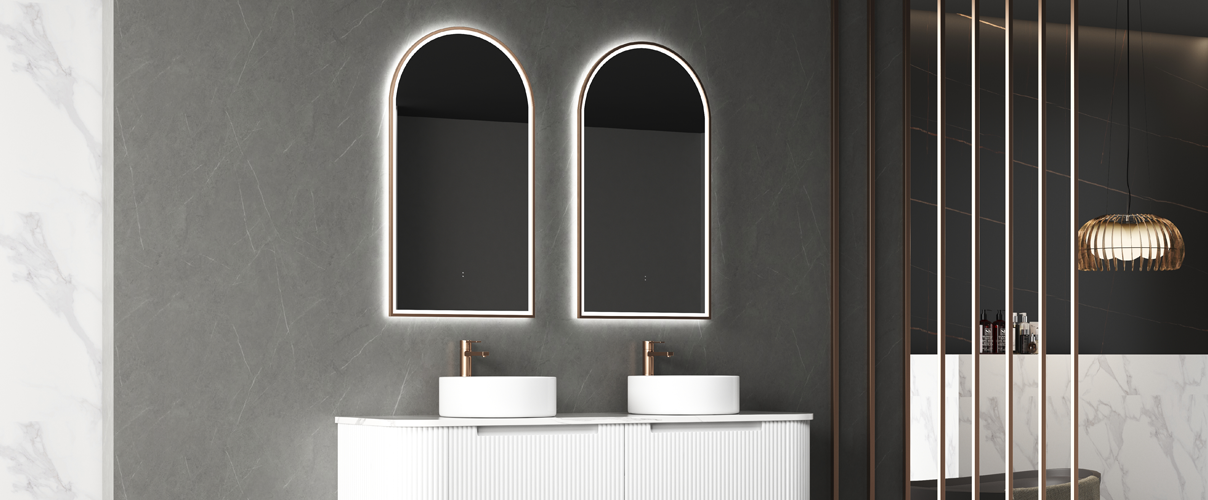Large arch smart mirrors in white and black bathroom