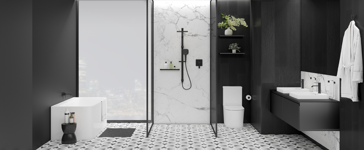 Black and white bathroom with wet zone sections