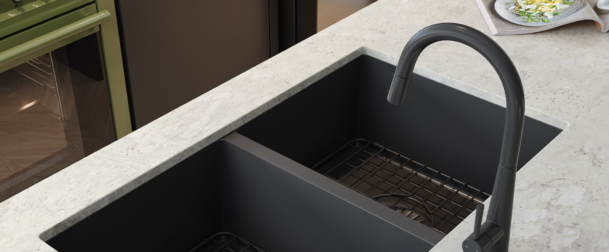 Double bowl black kitchen sink and mixer