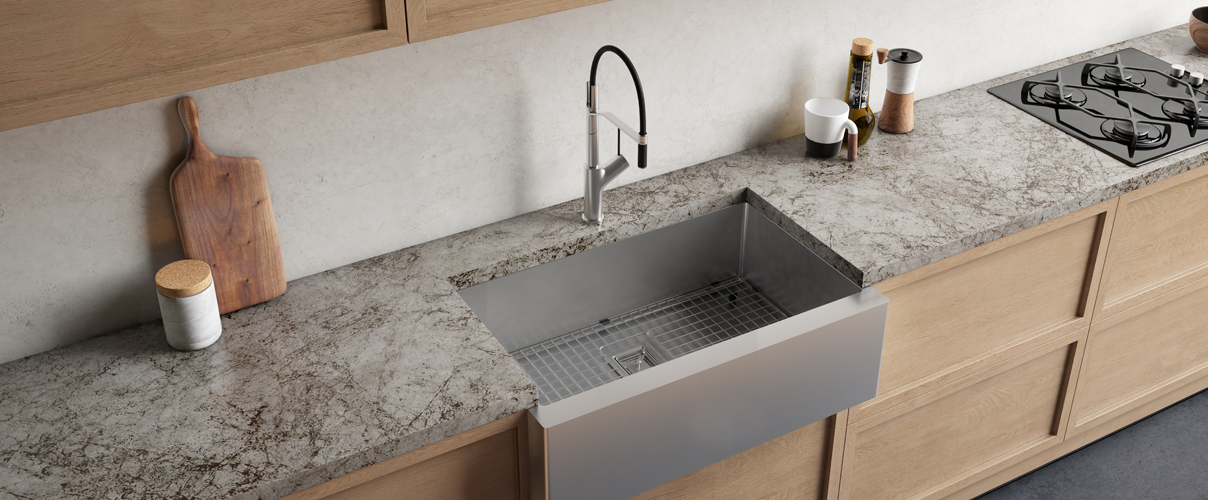 Marble countertop with grey sink and chrome mixer