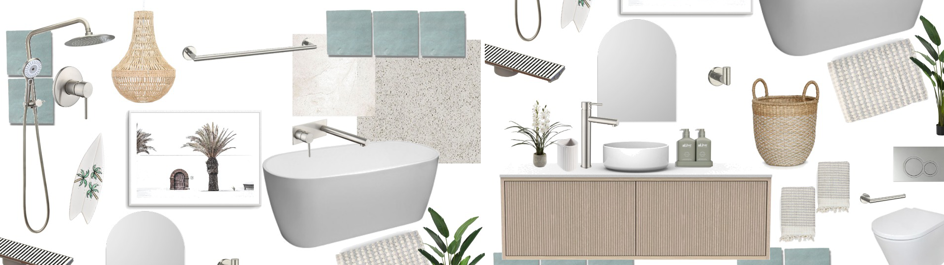 Mood board with various bathroom images and colours