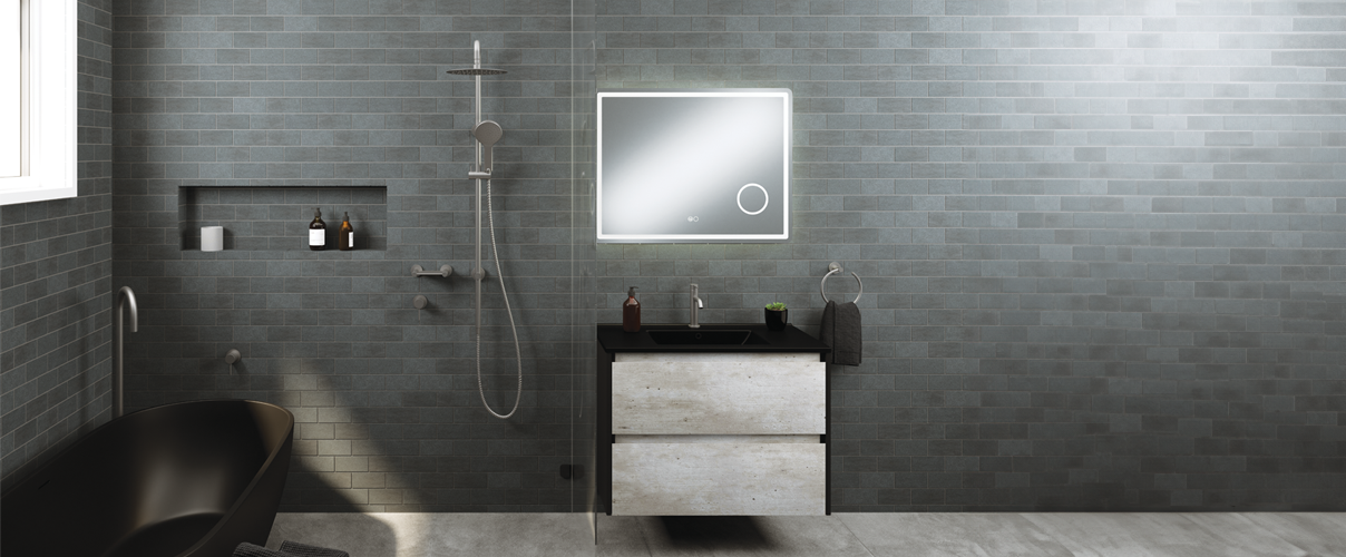 Dark grey bathroom with chrome tapware and showers as well as a black freestanding bath