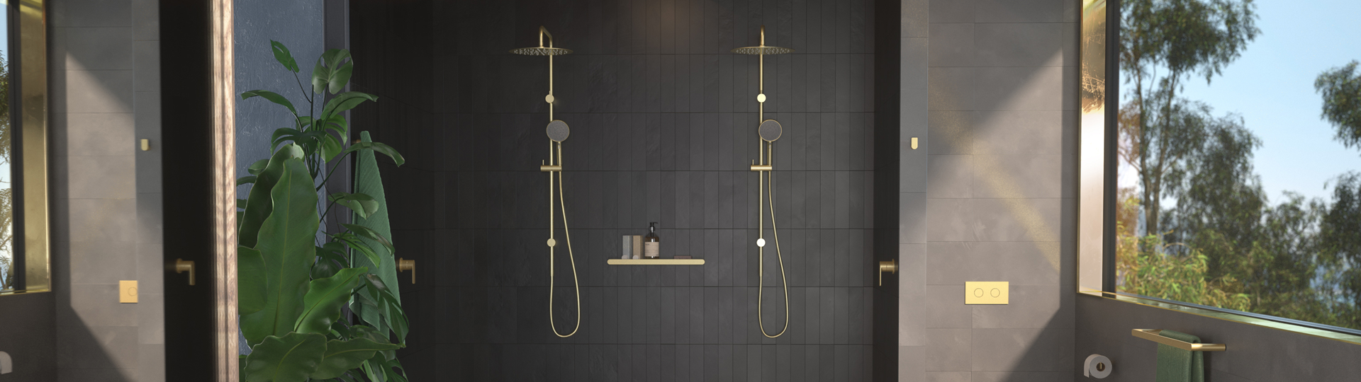 Black bathroom with gold Caroma Urbane II showers
