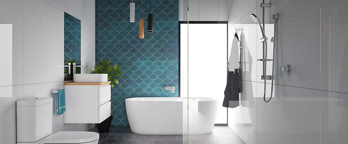 White bathroom with aqua feature wall and chrome tapware