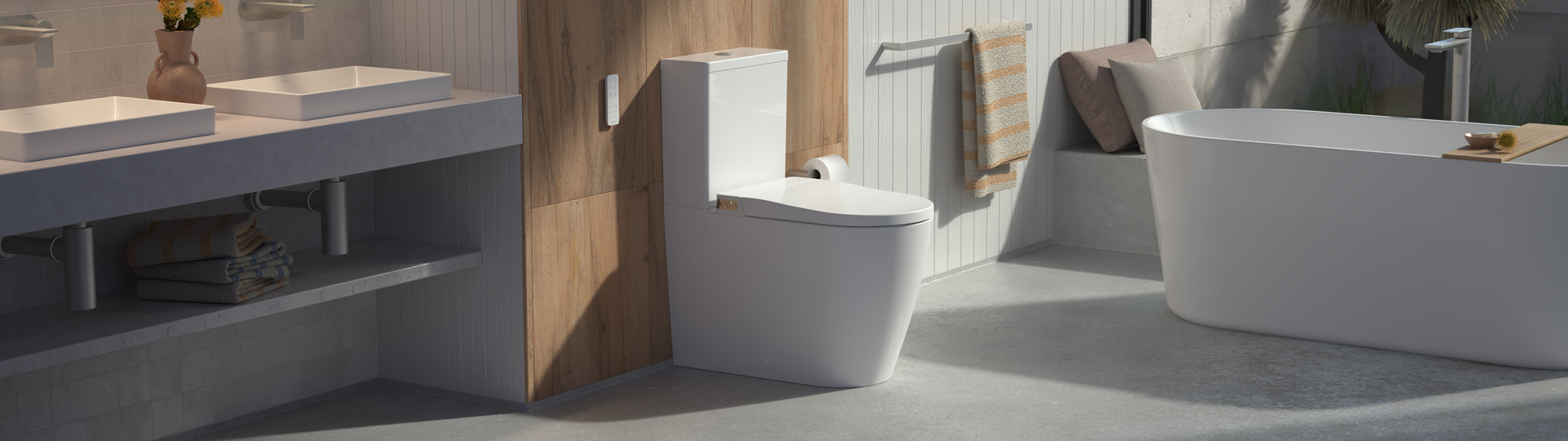 Smart toilet in modern bathroom of white with wood accents