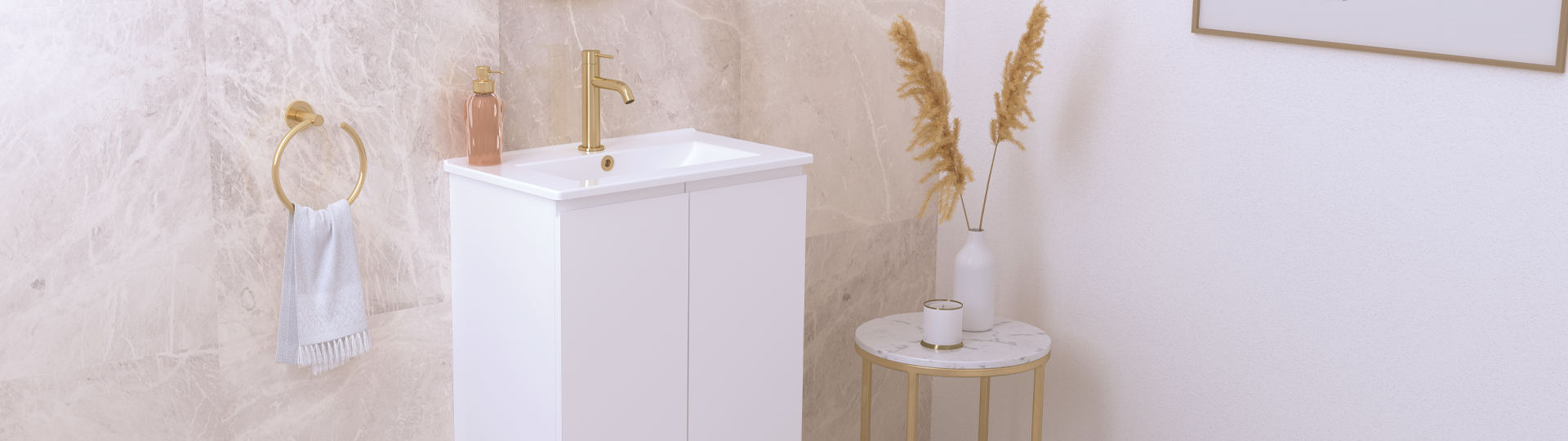 Bathroom with white vanity and gold tapware