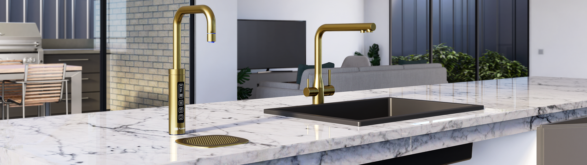 Marble countertop with black sink and gold mixer as well as gold filtered water tap