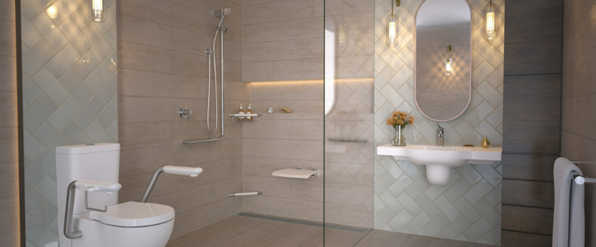 Neutral coloured bathroom with herringbone tile feature walls and white fixtures