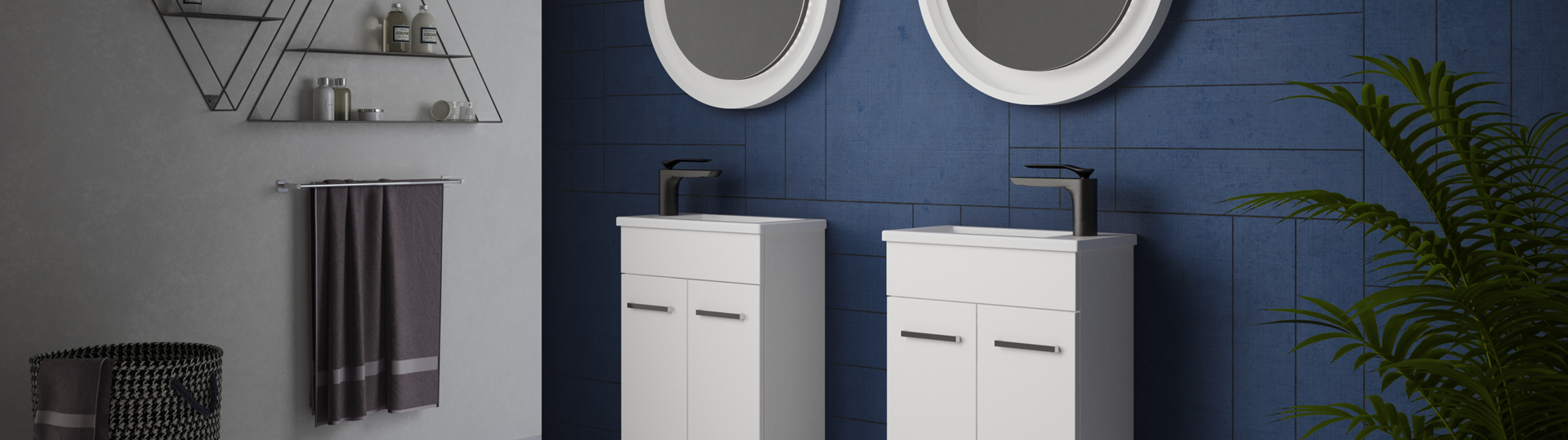 Blue feature wall bathroom with two white vanities and gunmetal tapware